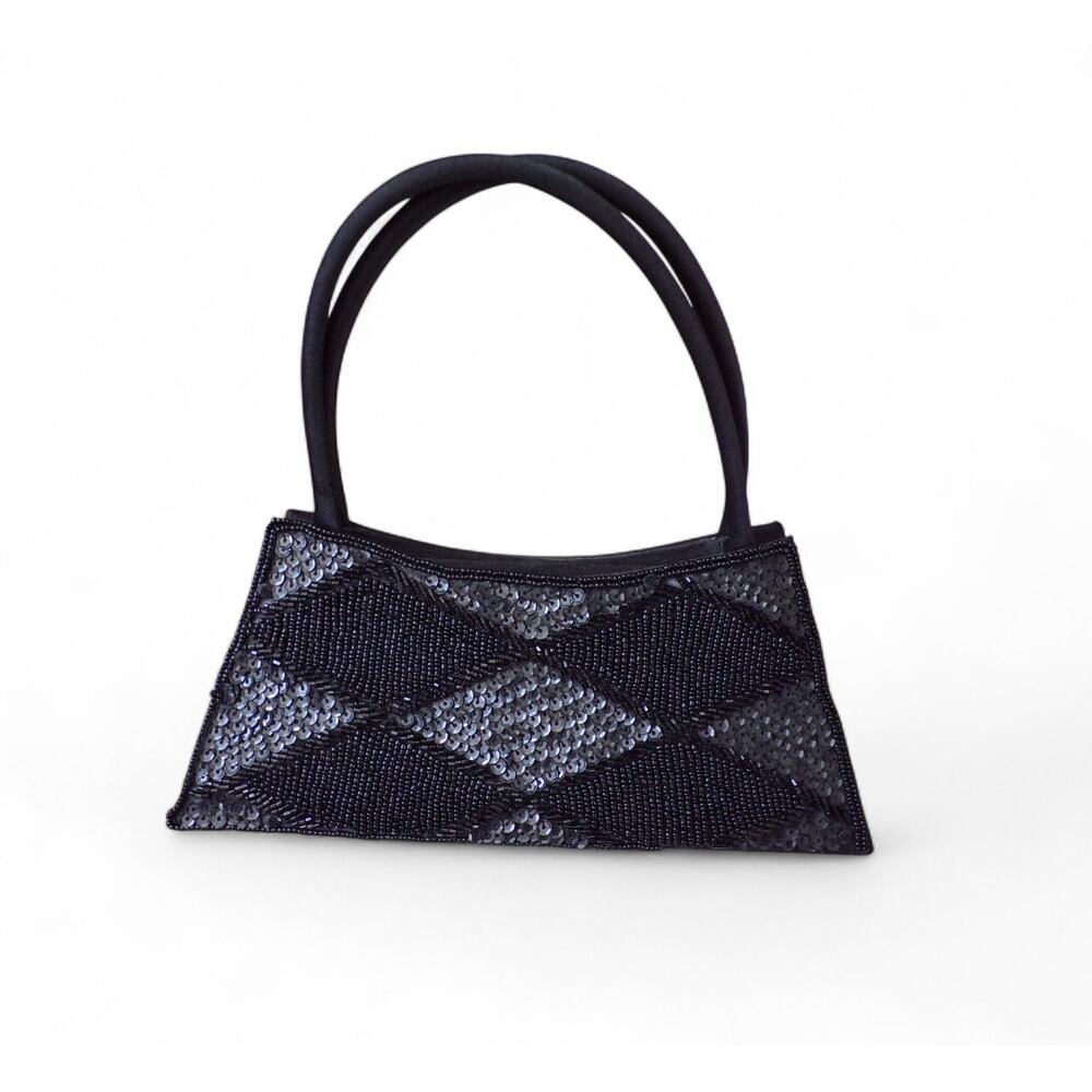 Bijoux Terner Diamond Pattern Black Satin & Beaded Evening Bag Purse Small